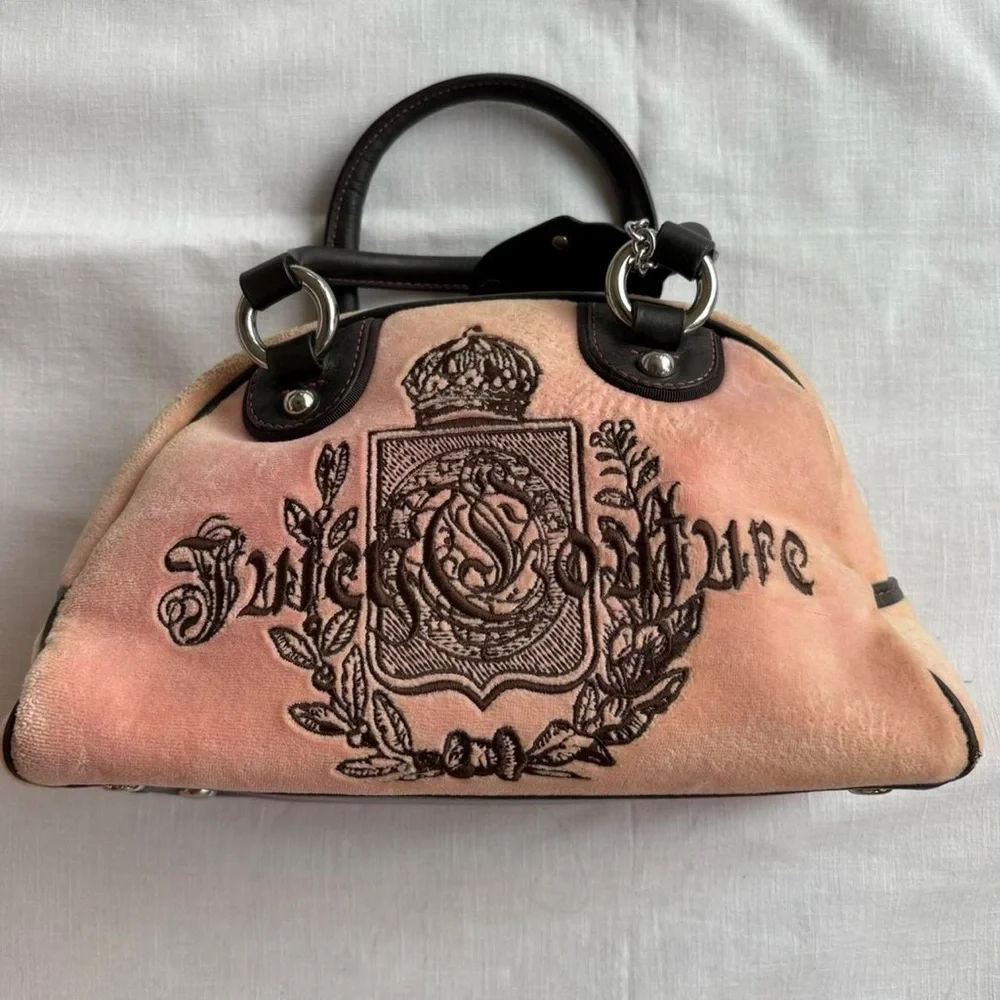 Y2K 2002 Vintage Juicy Couture Pink & Brown Velour Bowler Bag Purse - Picture 3 of 11